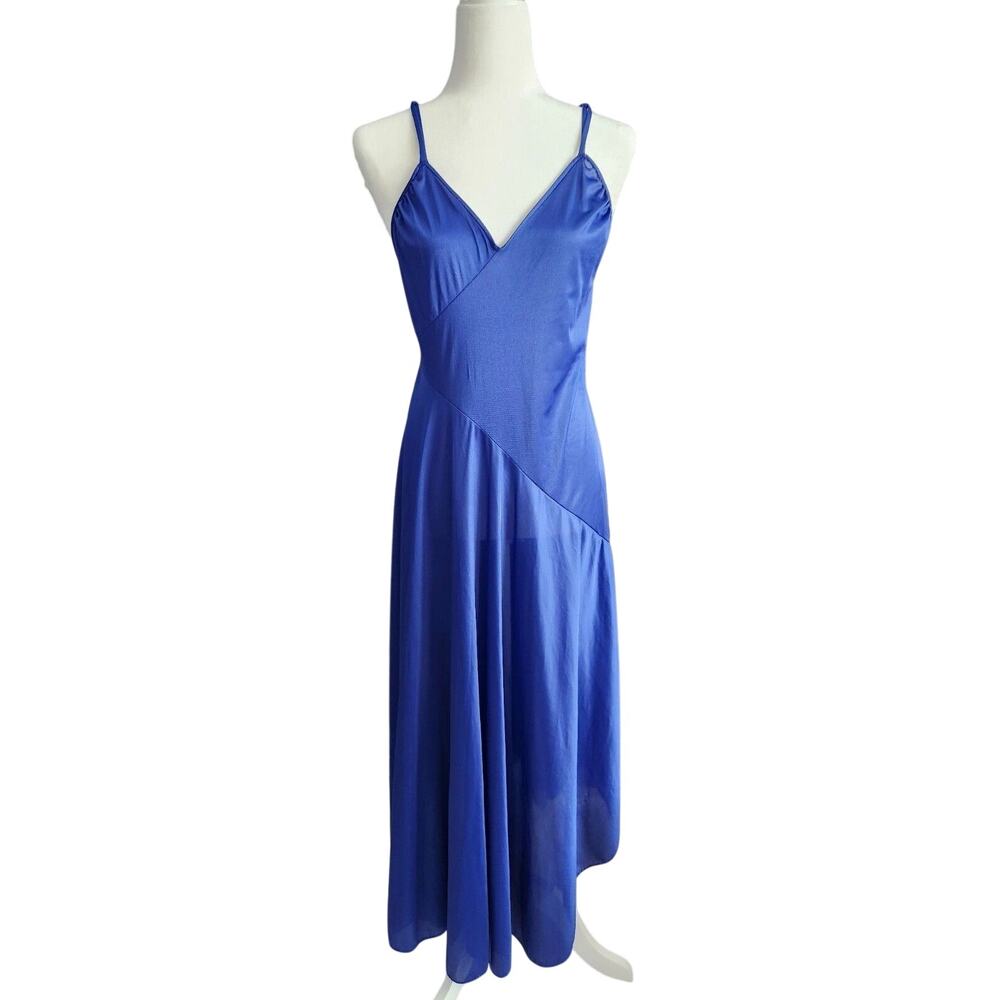 Vintage Nightgown Lingerie L Blue Side Slit Nylon Long